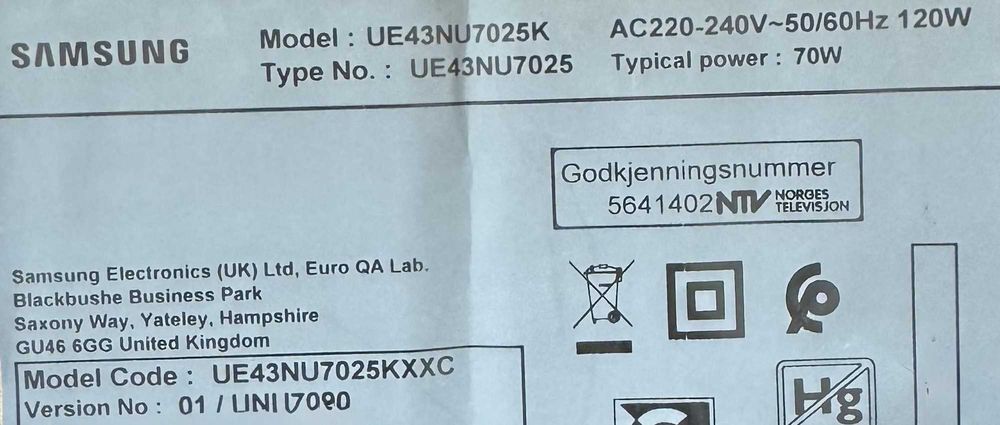 UE43NU7025K Partes de Televisao
