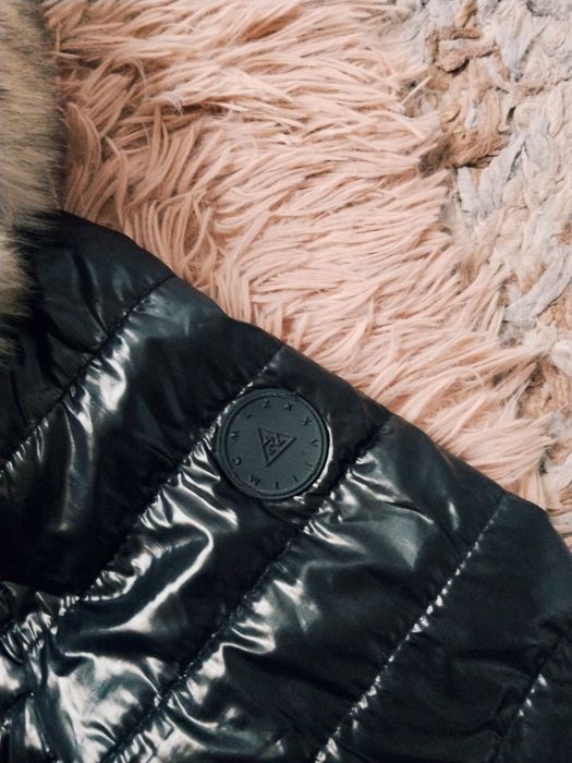 Kurtka damska czarna pikowana kaptur futerko rozmiar 14 River Island