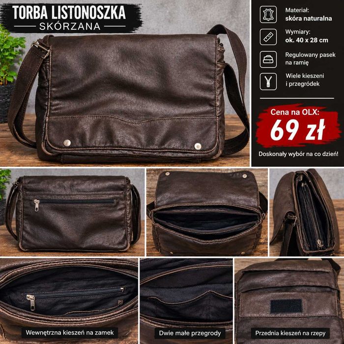 BRĄZOWA Męska Skórzana Torba Listonoszka