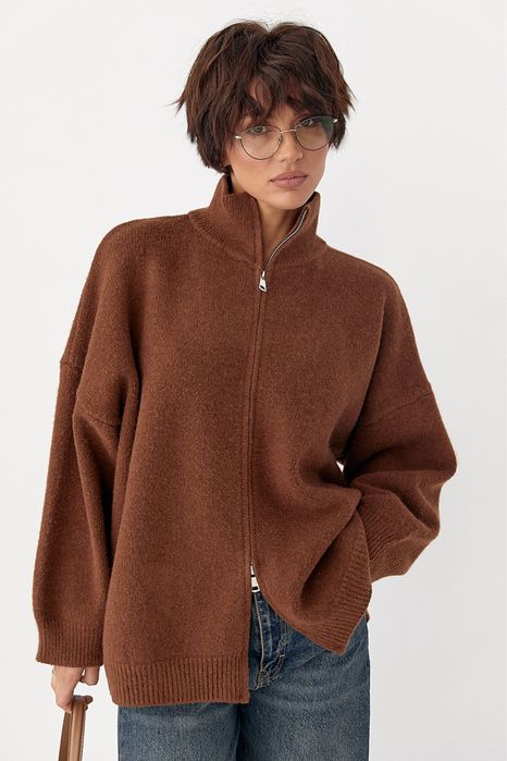 Вʼязаний кардиган оверсайз на блискавці, шоколадний, тепла кофта