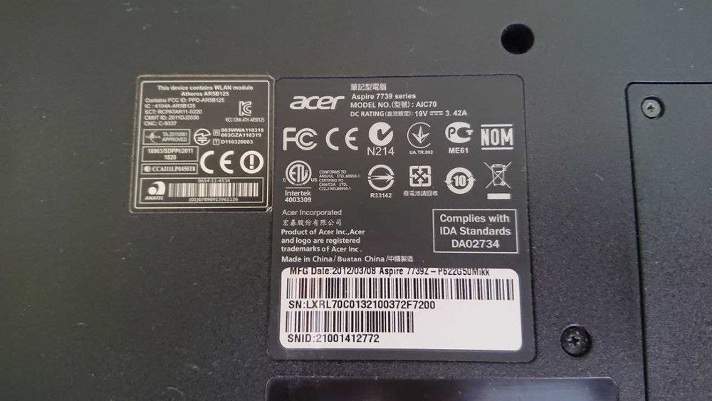 Ноутбук ACER Aspire 7739Z: 17,3”, Pentium P6200, ОЗУ 8Гб, SSD120+HDD 500Гб