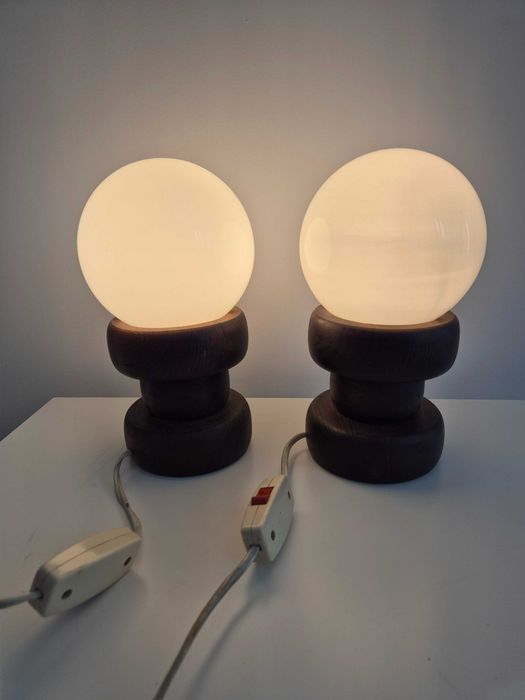 2 lampki nocne retro vintage | drewno, białe kule | komplet