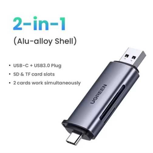 Кардрiдер 2в1 UGREEN CM185 USB-C/USB-A Card Reader (50706) SD/TF card