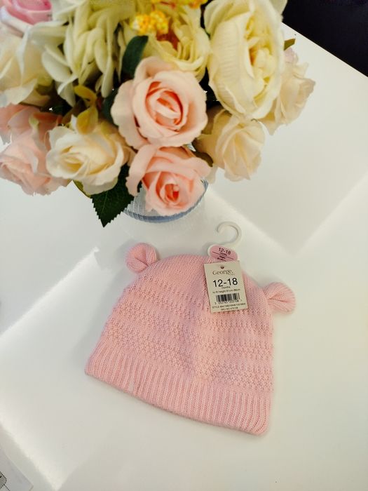 Jesienno zimowa rozowa czapeczka z uszkami 80-86