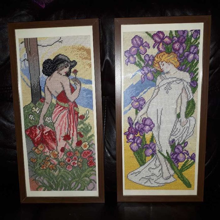 2 obrazy haft krzyżykowy damy kobiety kwiaty