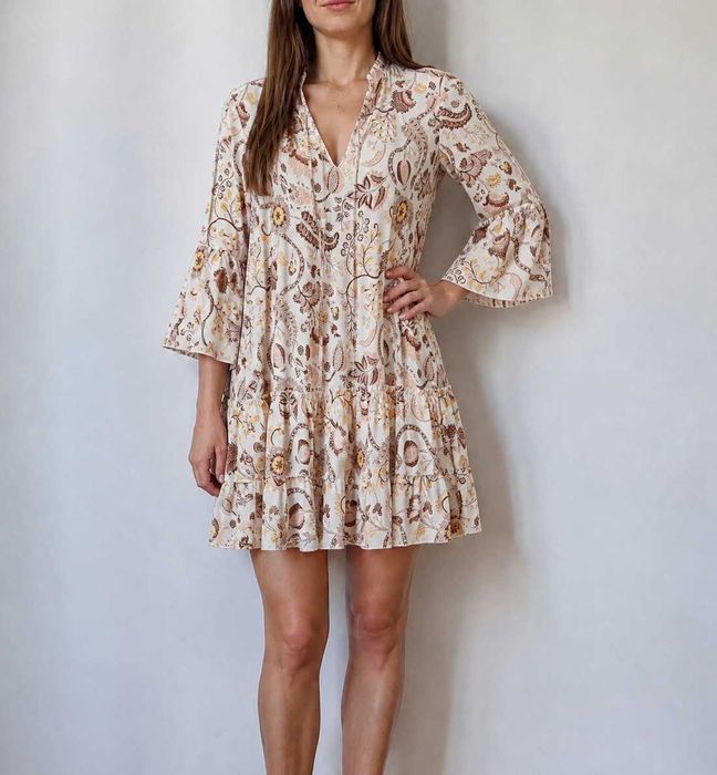 Letnia sukienka z falbaną boho print wzorzysta luźna wiązana _ 42 XL 44 xxl