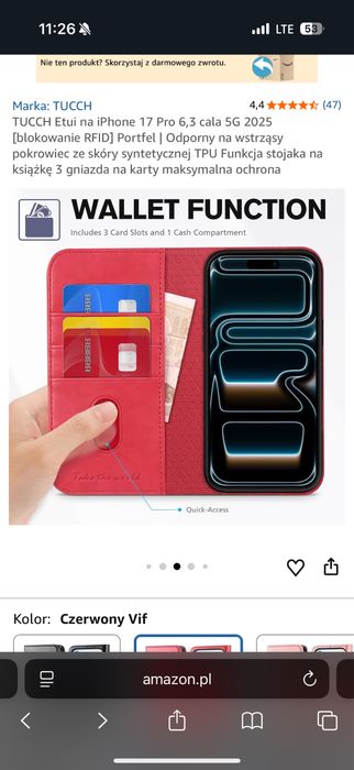 TUCCH Etui / Case do iPhone 17 Pro, kolor czerwony