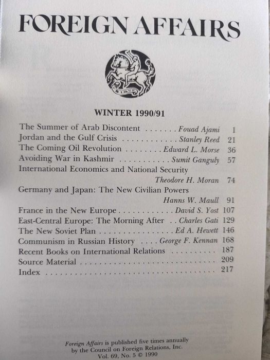 Revista "Foreign Affairs" Winter 1990 Volume 69, Number 5