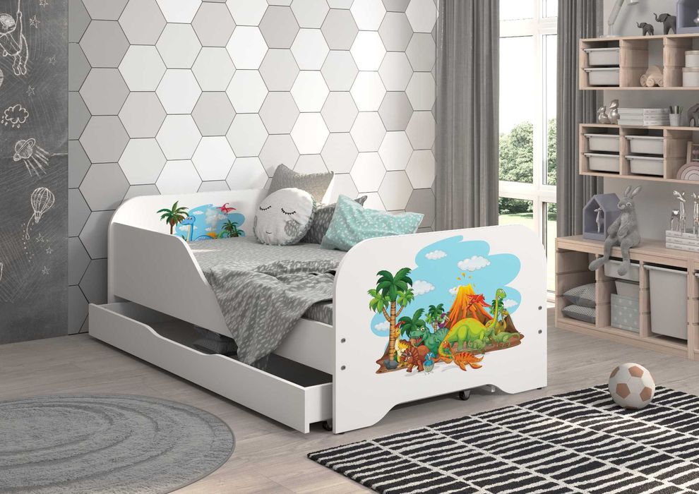 Łóżko MIKI dziecięce 160x70 + materac DINOZAUROWE wzory!