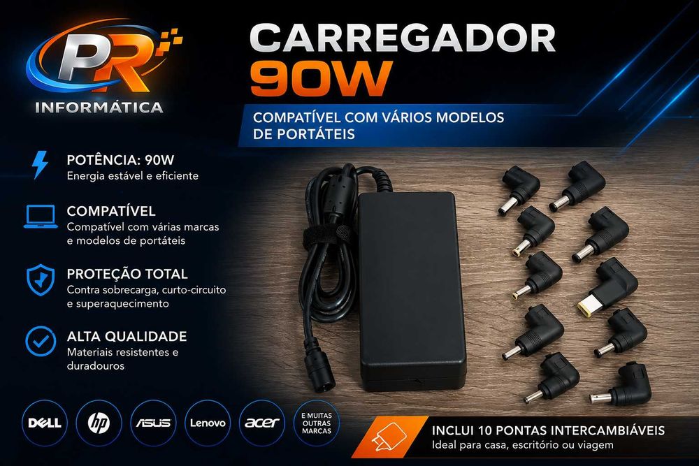 Carregador Universal 90W – Compatível com Vários Portáteis