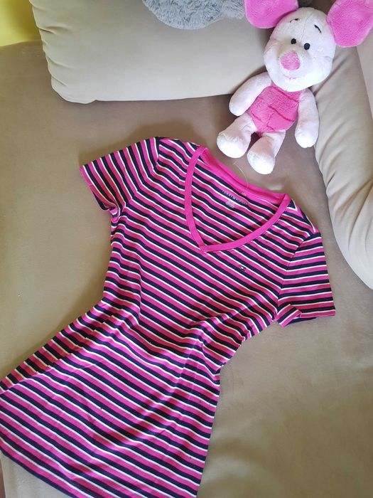Koszulka Tommy Hilfiger biała różowa czarna paski dekolt serek
