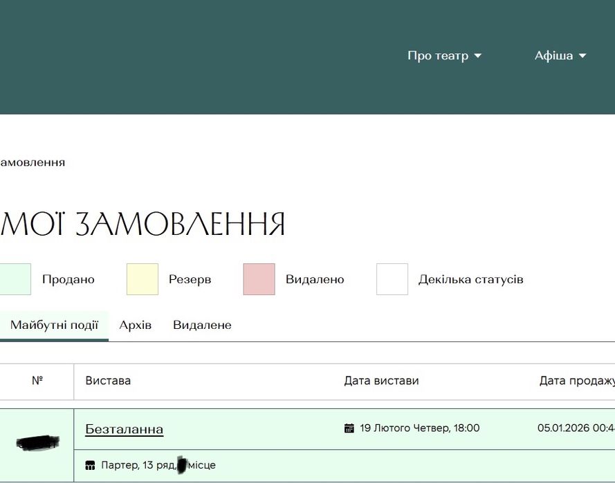 Безталанна, 19.02, партер, театр Франка