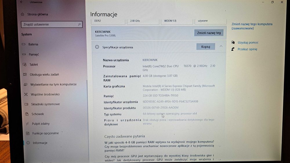 Laptop  Toshiba satelite pro S300L-135