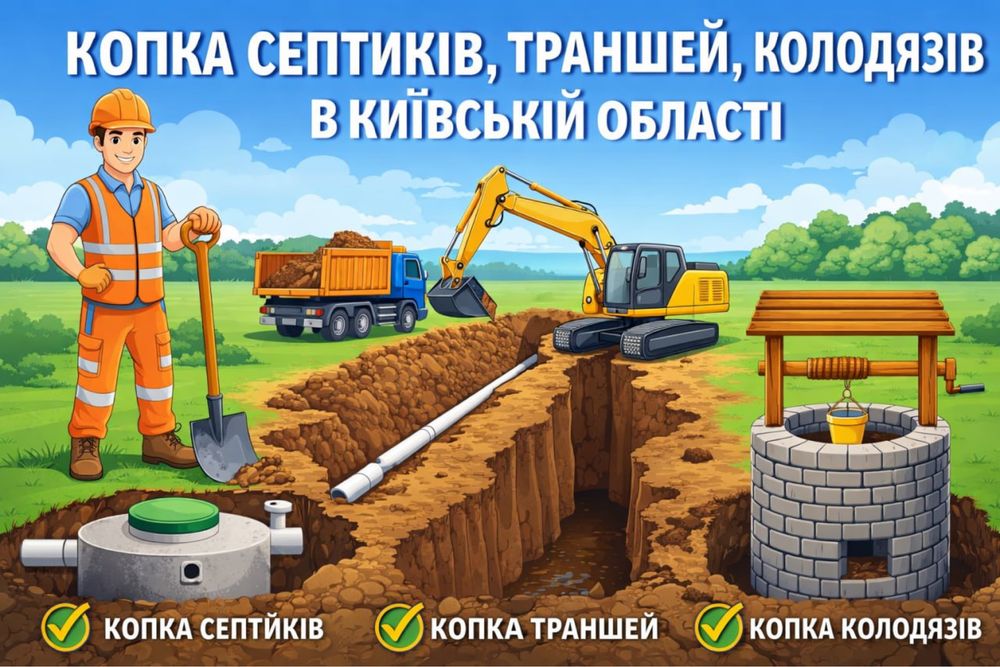 Надаємо послуги! Копка Септиків,Каналізацій, Траншей, Бетоні кільця, Будиночки на криниці!