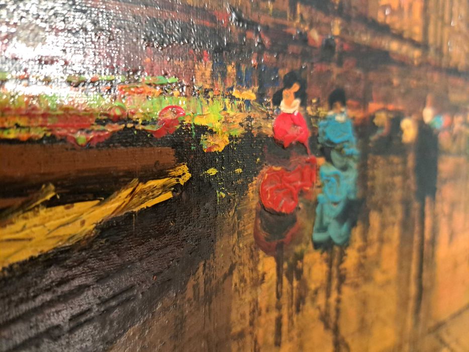 Obraz olejny na płótnie sygnowany Antonio Ninetti miasto ulica rzeka