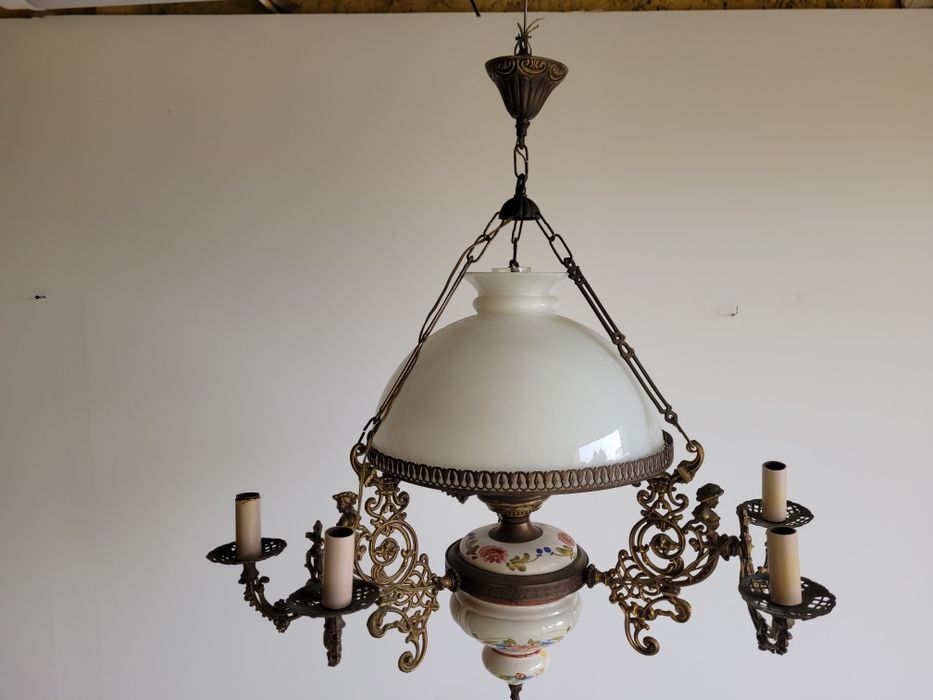 Stary żyrandol pałacowy mosiadz szklo porcelana antyk vintage