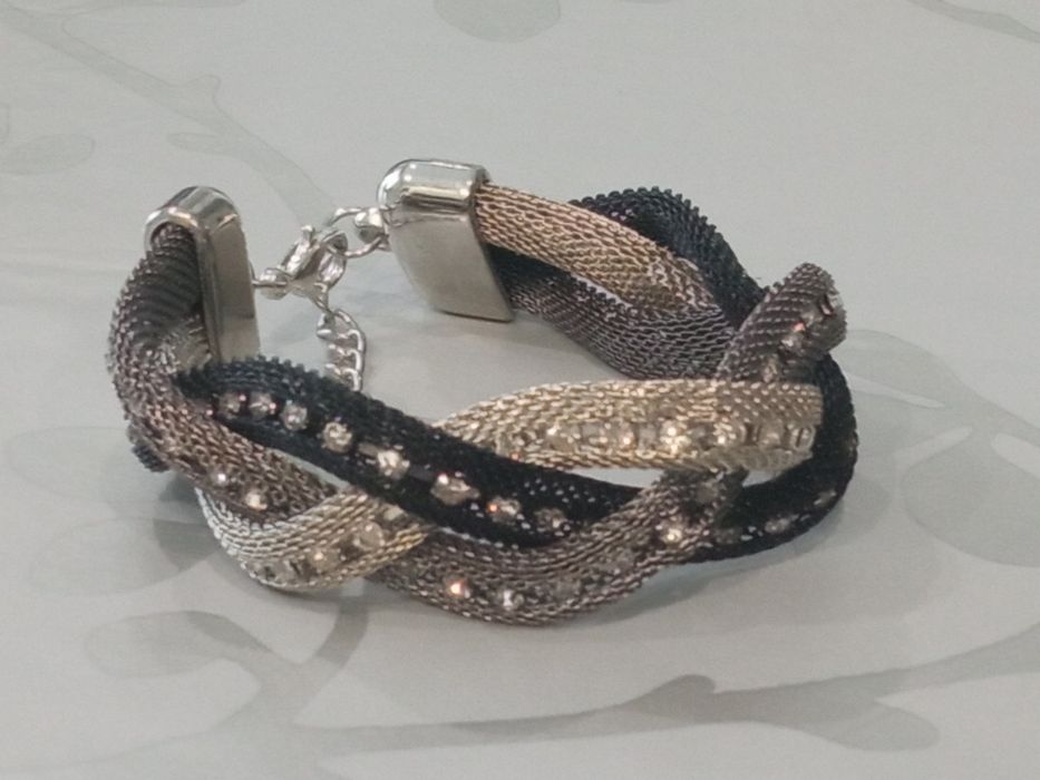 Conjunto - gargantilha e pulseira entrançada - preto, cinza, prata