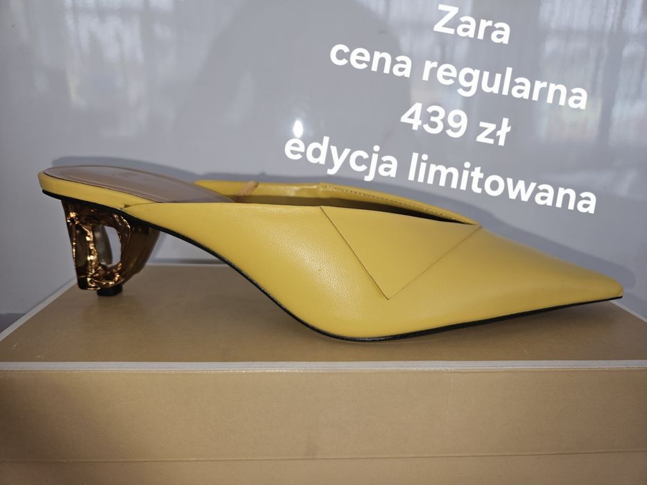 Żółte klapki Zara skóra metalic