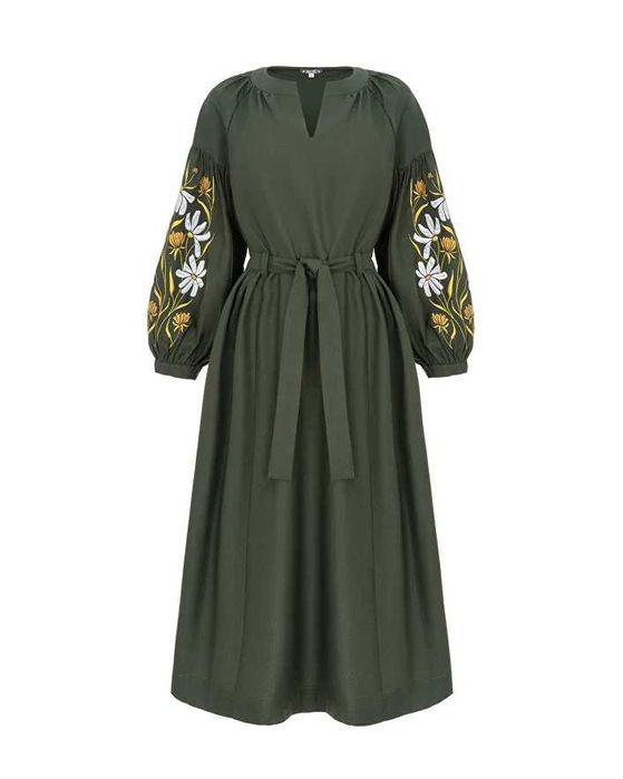 Вишита сукня вишиванка, хакі з ромашками, L