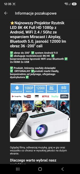 Projektor, Rzutnik HDMI SMART TV ANDROID