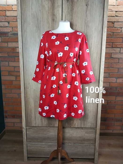Seasalt Cornwall sukienka damska mini czerwona kwiaty 100% len 42 XL