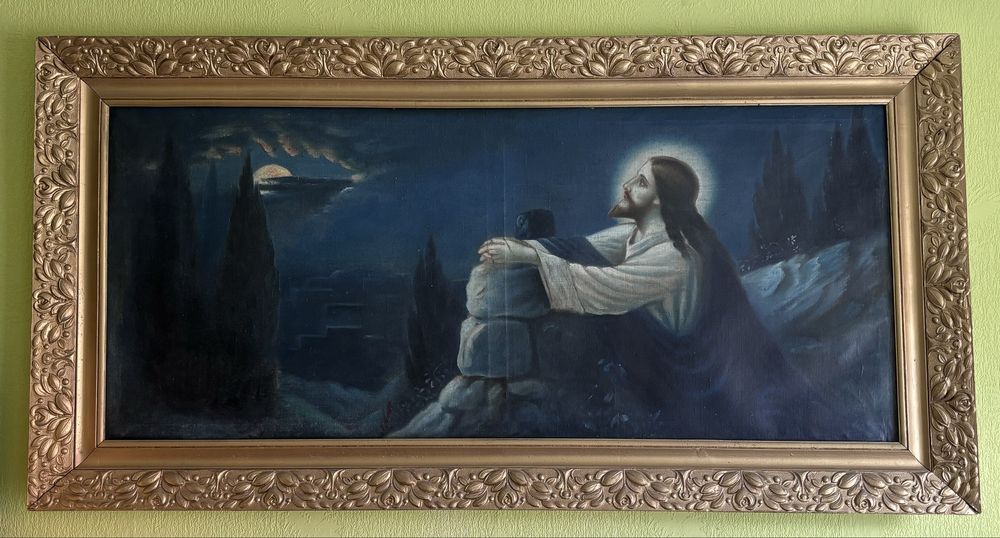 Obraz olejny na płótnie „Jezus modlący się w Ogrójcu” w ozdobnej ramie – lata 50./60.