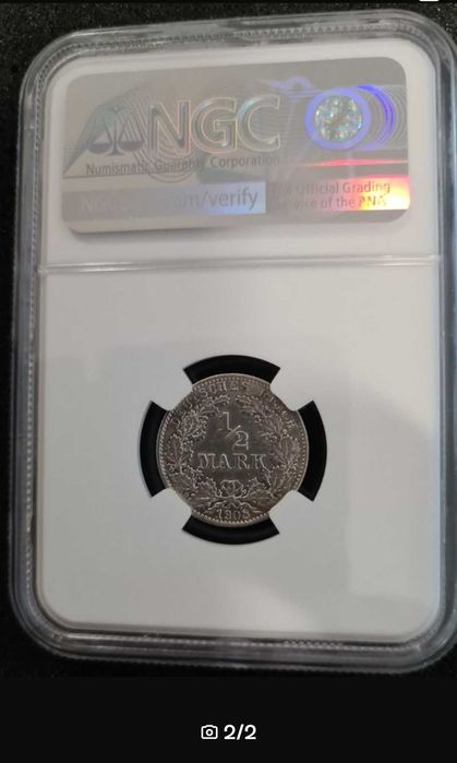 Продам 1/2 Немецкая серебряную марку1908г.с междун.сертефикатом NGS.