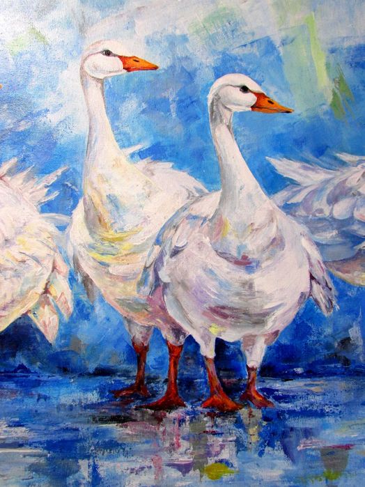 Super prezent! Gęsi w deszczu. Oryginalny obraz Akryl, płótno, 90x60cm