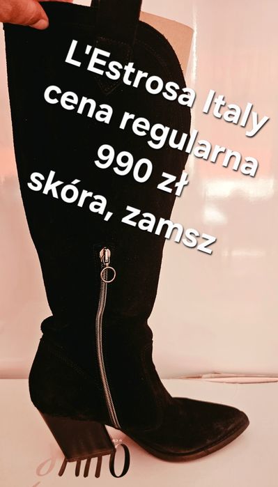 Luksusowe Włoskie czarne kowbojki Kozaki Zamszowe L'Estrosa Italy Skóra boho