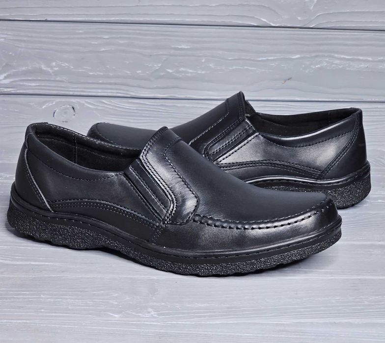 39-48рр! Кожаные мужские черные широкие прошитые туфли резинка шнурок!