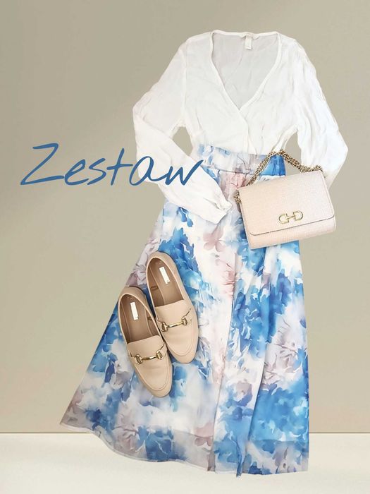 Elegancki zestaw pastelowa spódnica MIDI biała bluzka 100% wiskoza