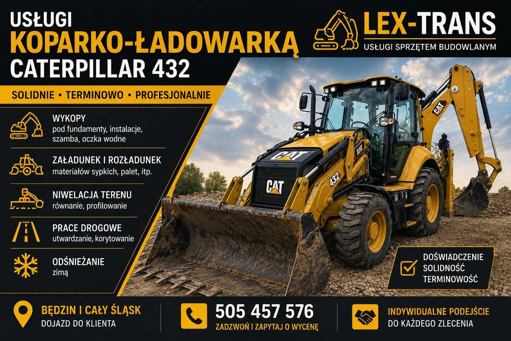 Usługi koparko ładowarką wynajem, wyburzenia, wykopy, fundamenty, usuwanie pni/krzewy, rozładunek, przyłącza, korytowanie, parkingi, prace ziemne
