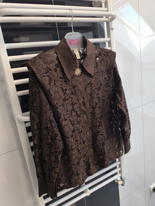 Elegancka koronkowa koszula w czekoladowym brązie  | L/40 | jak nowa