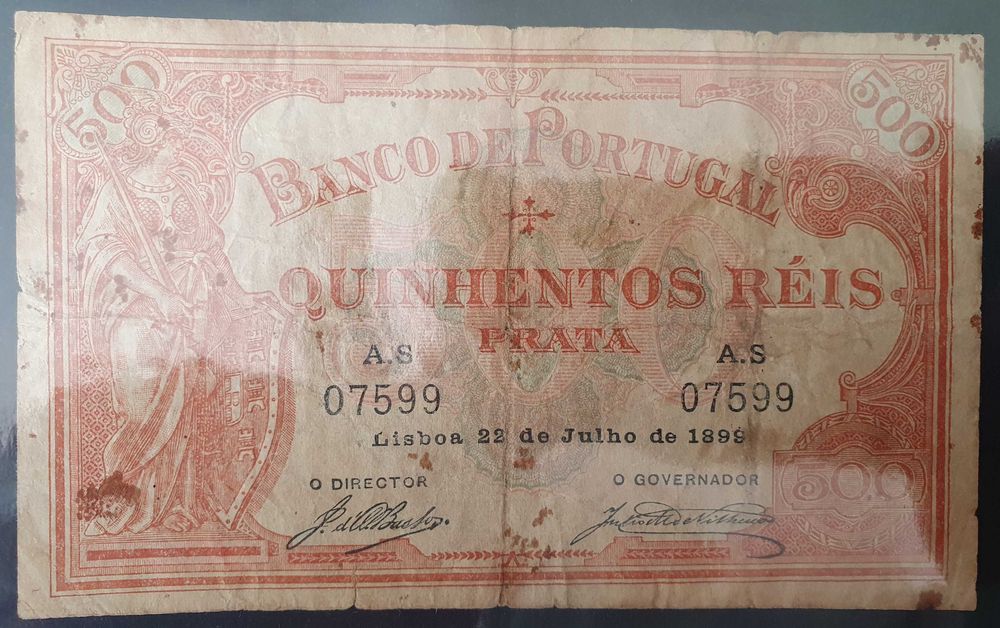 Nota de 500 Réis do Banco de Portugal 1899 - RARA