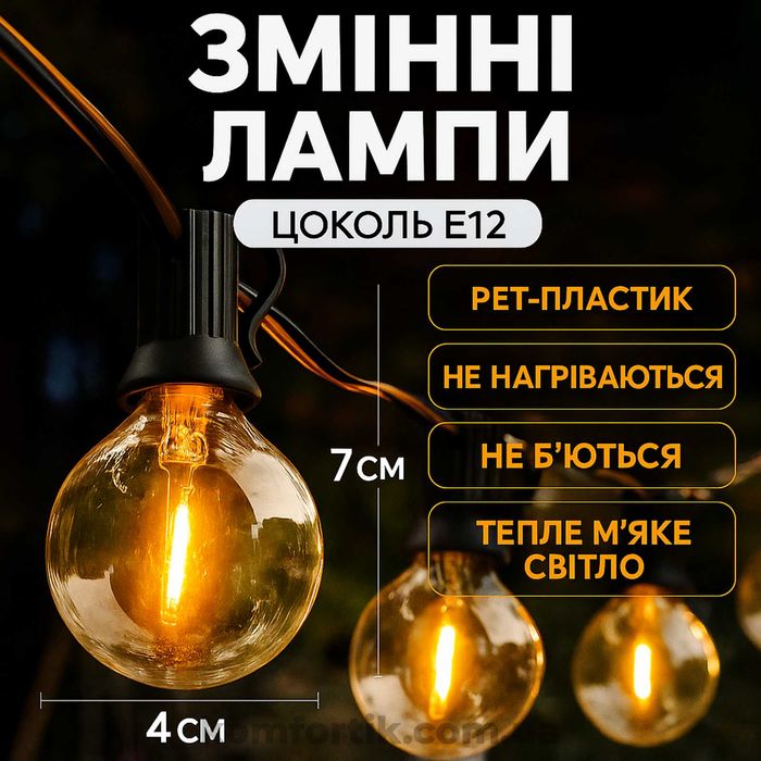 Вулична ретро гірлянда 15 м 25 ламп G40 потужністю 1 Вт лед гірлянда