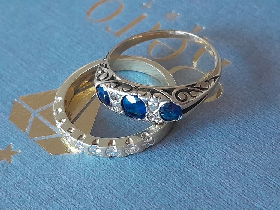 R.15 Zaręczynowy Pierścionek Antyk Szafiry Diamenty Złoto 585 WYCENA