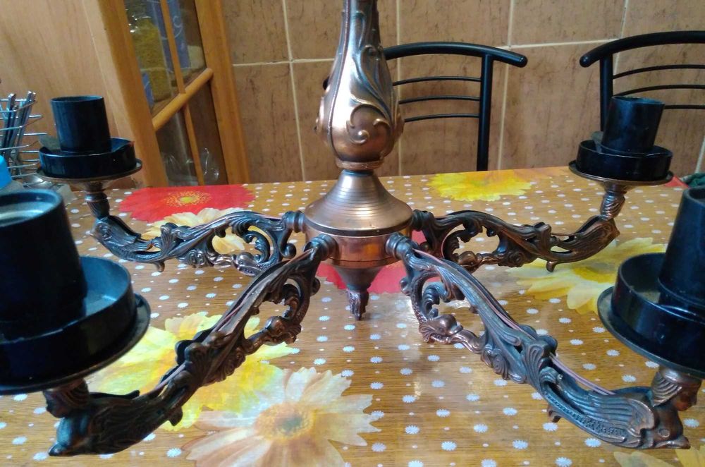 Люстра СССР из металла на пять рожков окрас медь