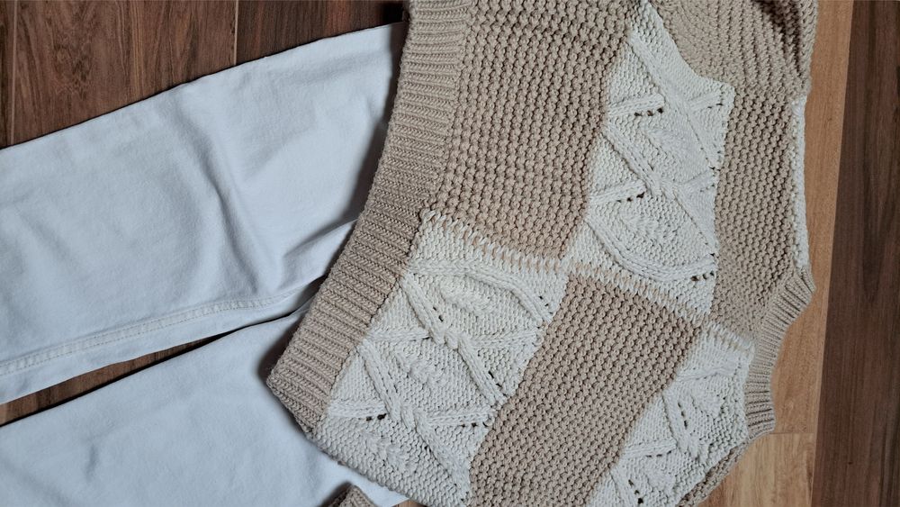 Sweter patchworkowy pull&bear r.S oversize splot warkoczowy waflowy