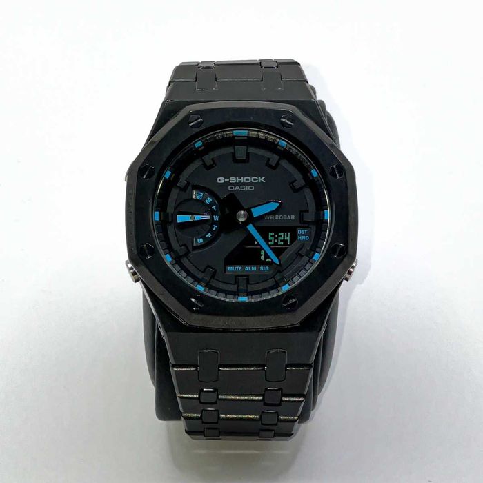 Spersonalizowany Czarny Stalowy Casio G-SHOCK Niebieskie Akcenty