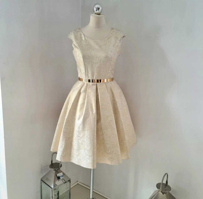 Sukienka złoty ornament kremowa ślub wesele komunia chrzciny chrzest