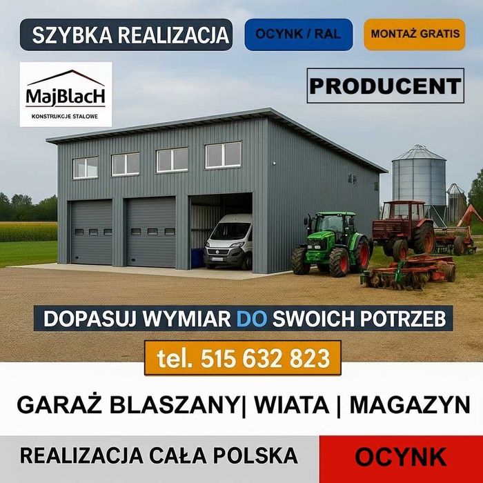 Jednospadowy Garaż Blaszany|Magazyn|Konstrukcja|Hala|Profil– Maj-BlacH