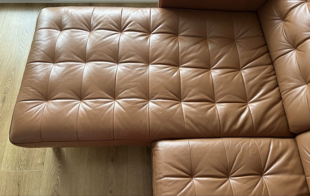 Skórzana sofa Ikea Landskrona z szezlongiem kolor camel, stan idealny