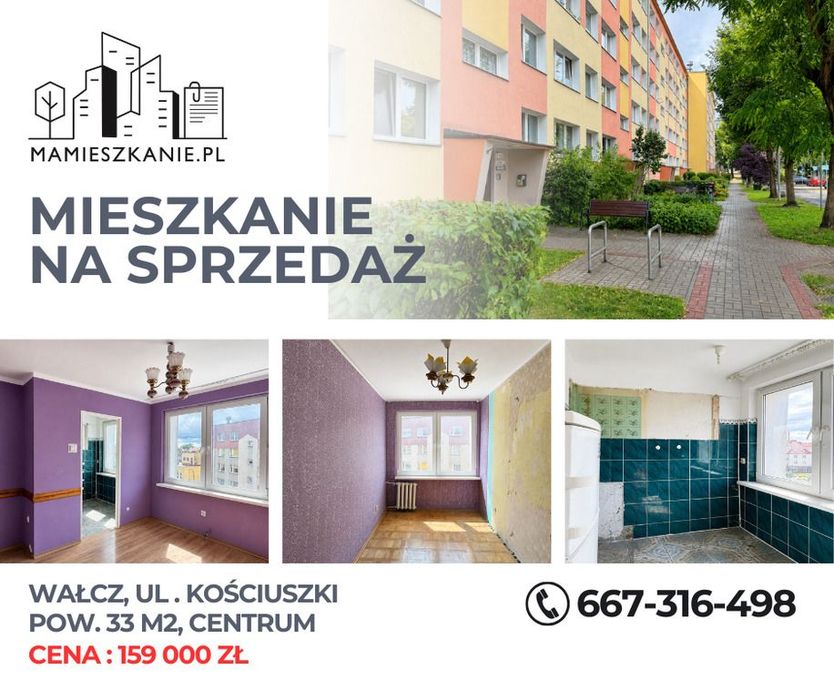 Na sprzedaż, mieszkanie,2pokoje, Wałcz, Kościuszki