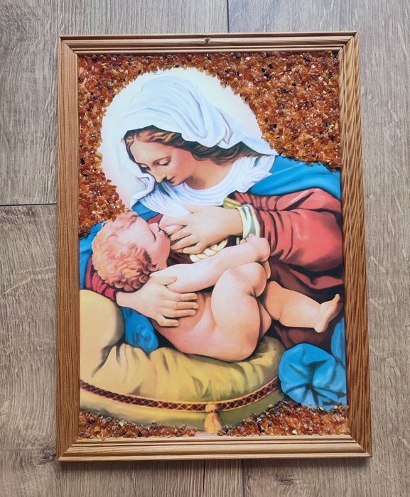 Obrazek Matka Boza z Dzieciątkiem z bursztynami