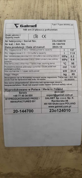 Wymiennik ciepła bojler 140litrow Gelmet