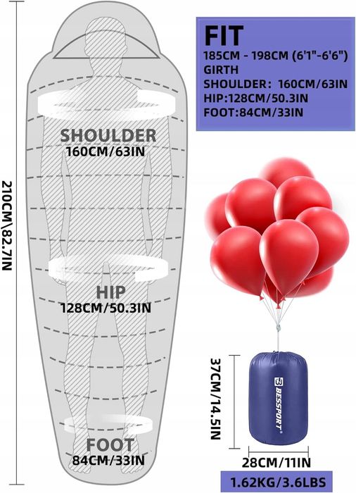 ŚPIWÓR TYPU mumia bessport210X80CM GRANATOWY do 0 stopni