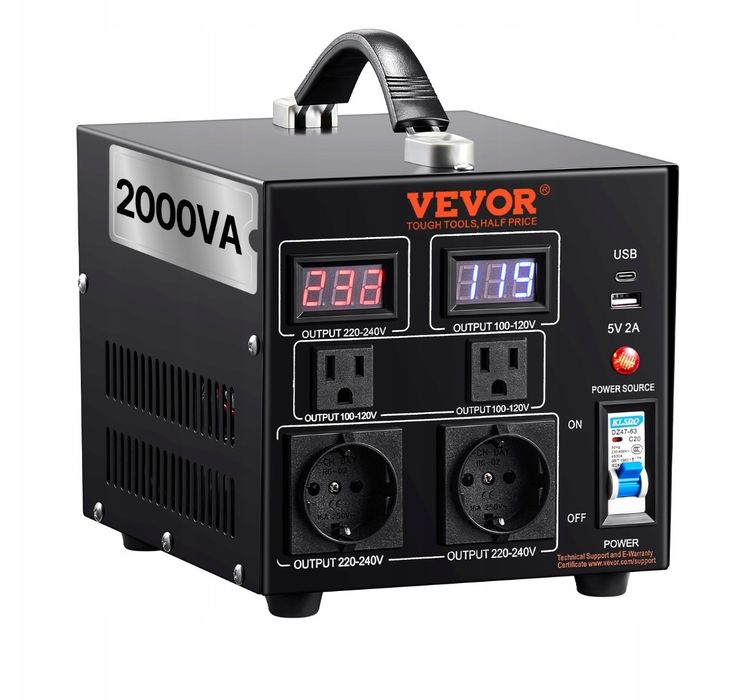 Трансформатор напруги VEVOR 2000VA  з USB та Type C / перетворювач напруги 110V 220V