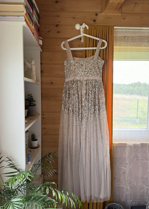 Długa sukienka na ramiączkach cekinowa od boho na wesele, ślub M