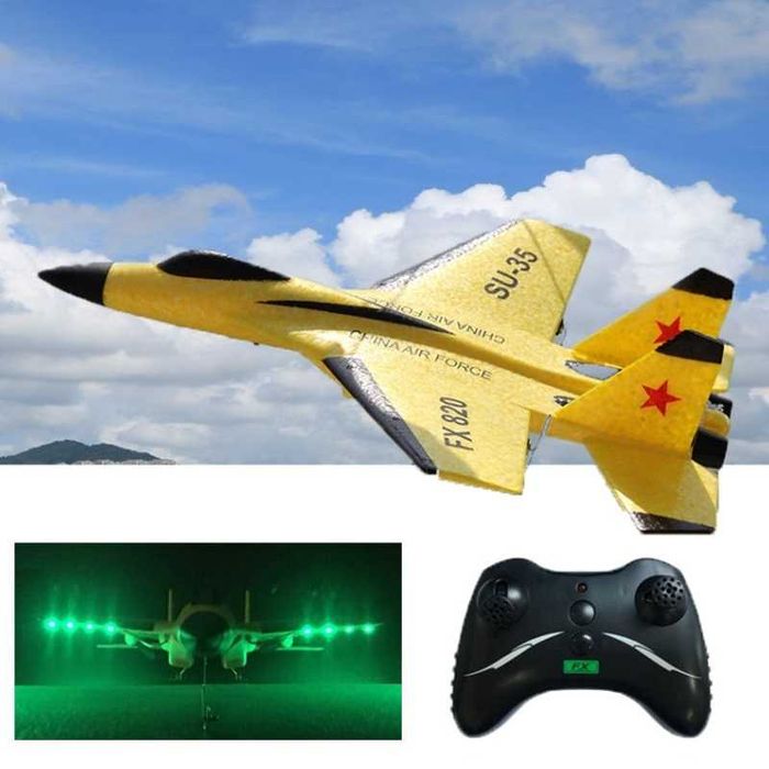 Avião Jato Caça Telecomandado RC LED radiomodelismo Amarelo 2.4ghz NOV