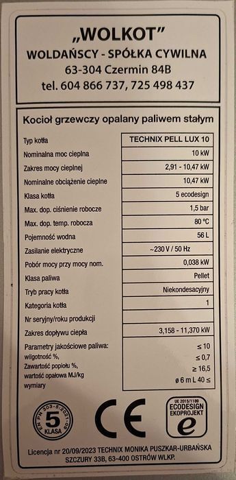 Kocioł piec 10kW pellet 5klasa WOLKOT dotacja kotły Technix
